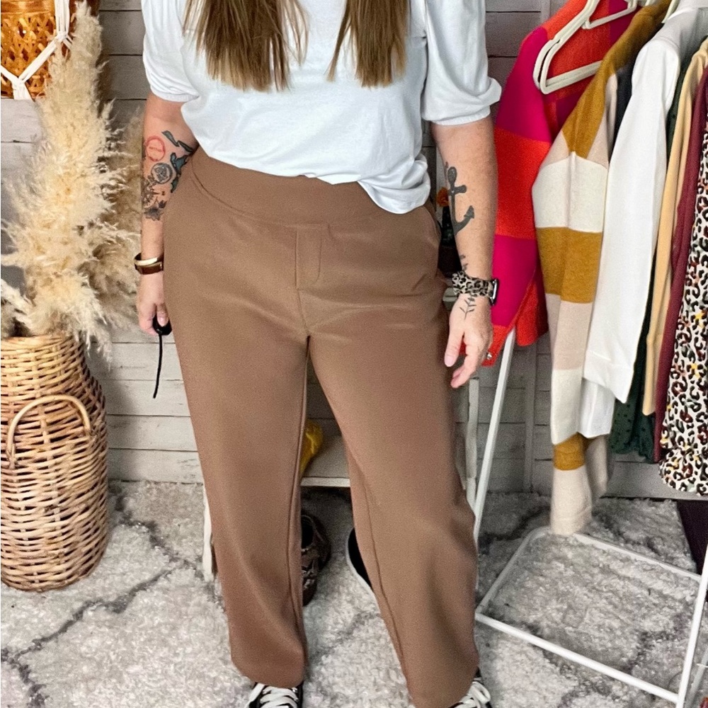 Camel colored medium weight stretchy. Large but fits more like a medium